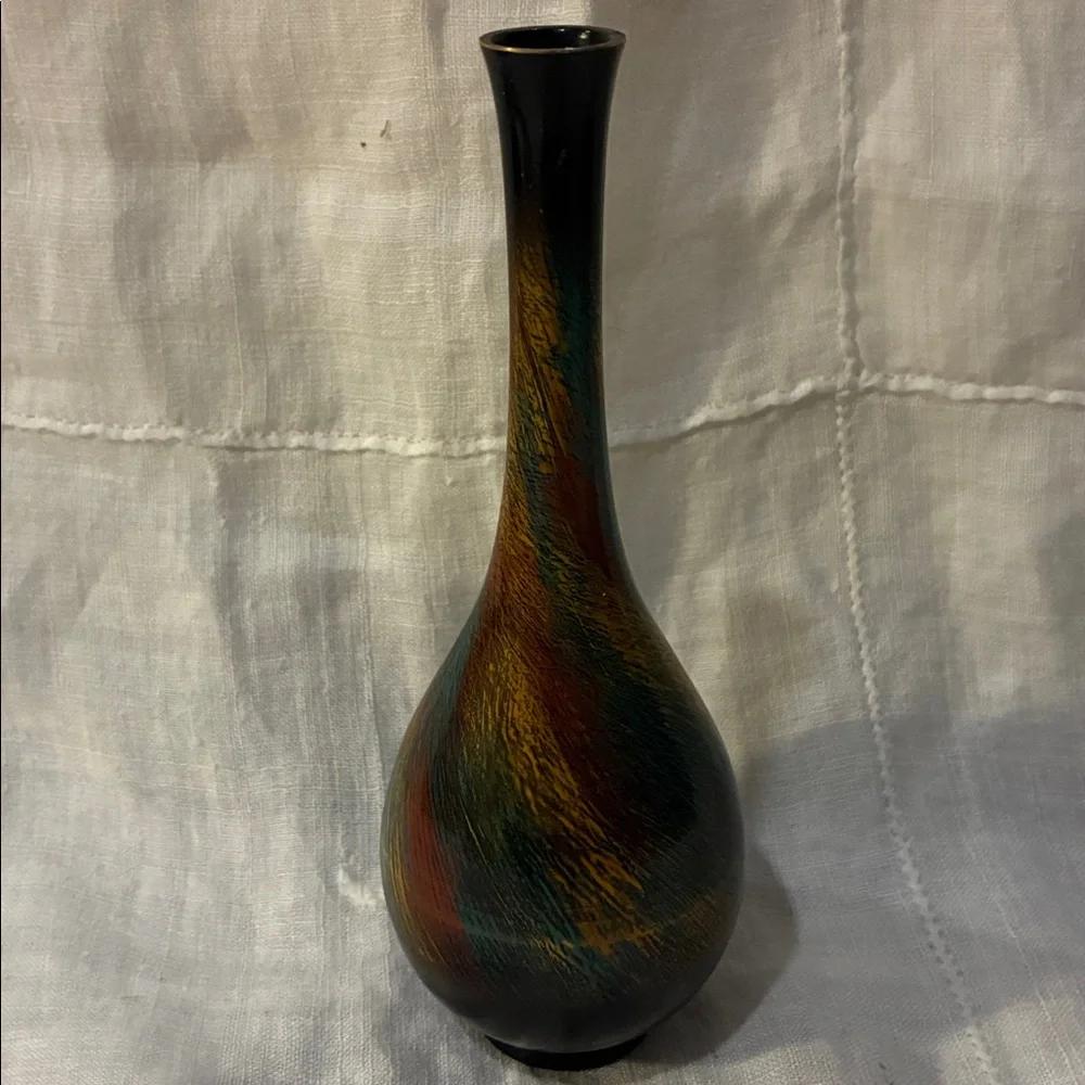 Toyo Vase W/ Original Sticker 7” Multicolor Ceramic Vase Metal Multicolor